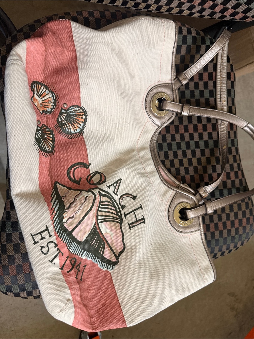 Coach Cream Canvas Tote with Pink Stripe & Metallic Handles